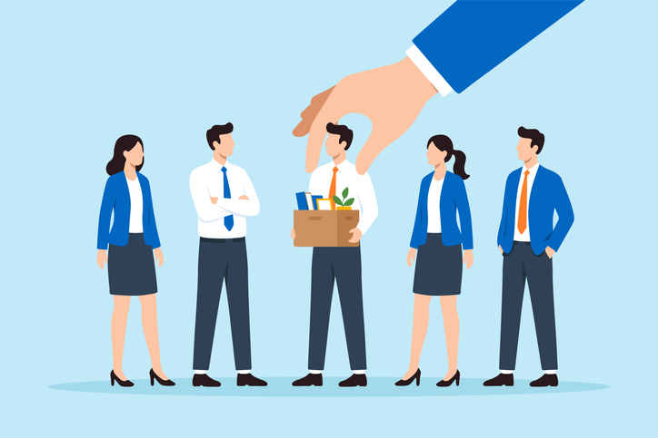 Flat illustration HR selecting employee job loss holding office box workforce reduction downsizing organizational restructuring economic recession employment termination iStock